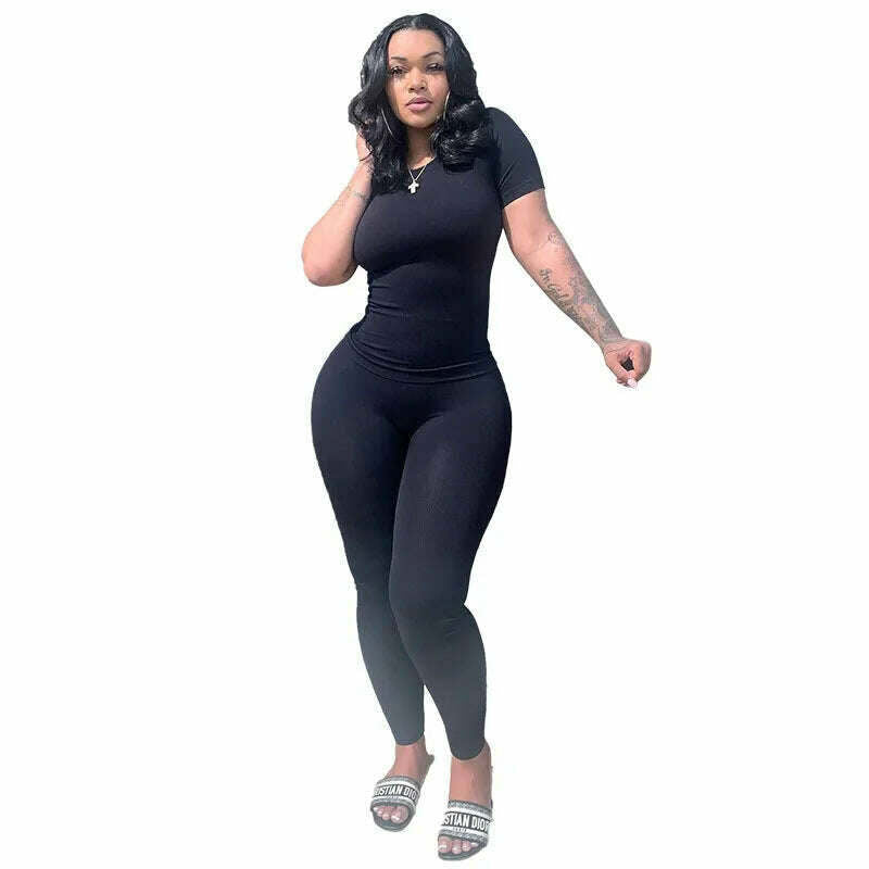 Lounge Wear Ribbed Casual 2 Piece Summer Shorts Set For Women Sleeve Top+Elastic Leggings Outfits - KIMLUD