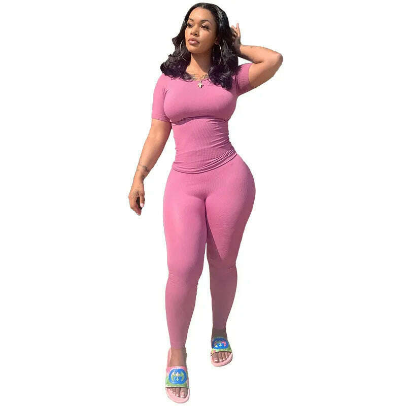 Lounge Wear Ribbed Casual 2 Piece Summer Shorts Set For Women Sleeve Top+Elastic Leggings Outfits - KIMLUD
