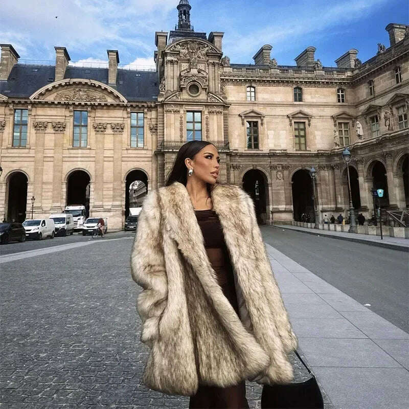 KIMLUD, Luxurious Fashion Lapel Faux Fur Midi Coat Women Street Long Sleeve Oversize Cardigan Jacket Winter Thick Warm Female Outerwear, KIMLUD Womens Clothes