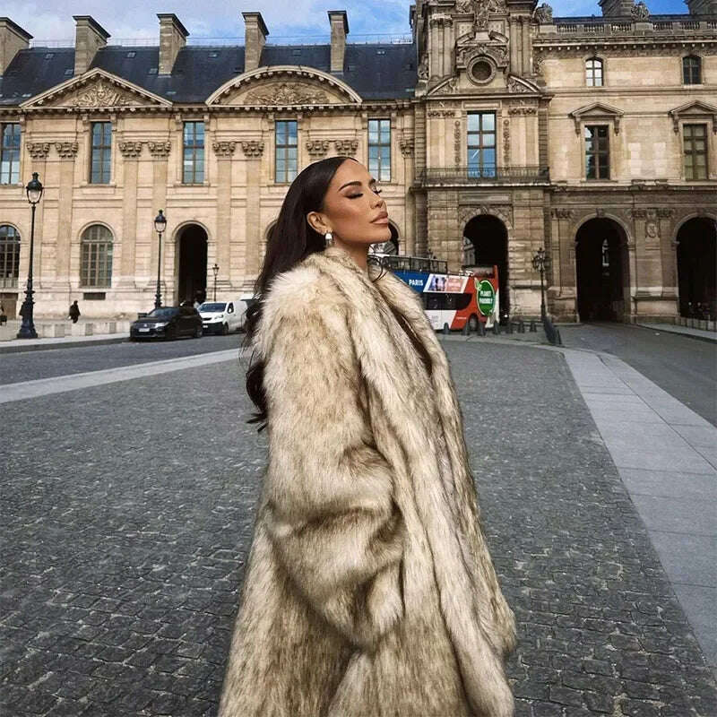 KIMLUD, Luxurious Fashion Lapel Faux Fur Midi Coat Women Street Long Sleeve Oversize Cardigan Jacket Winter Thick Warm Female Outerwear, KIMLUD Womens Clothes
