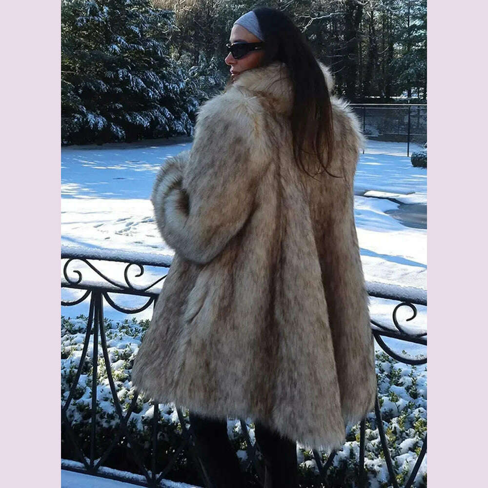 KIMLUD, Luxurious Fashion Lapel Faux Fur Midi Coat Women Street Long Sleeve Oversize Cardigan Jacket Winter Thick Warm Female Outerwear, KIMLUD Womens Clothes