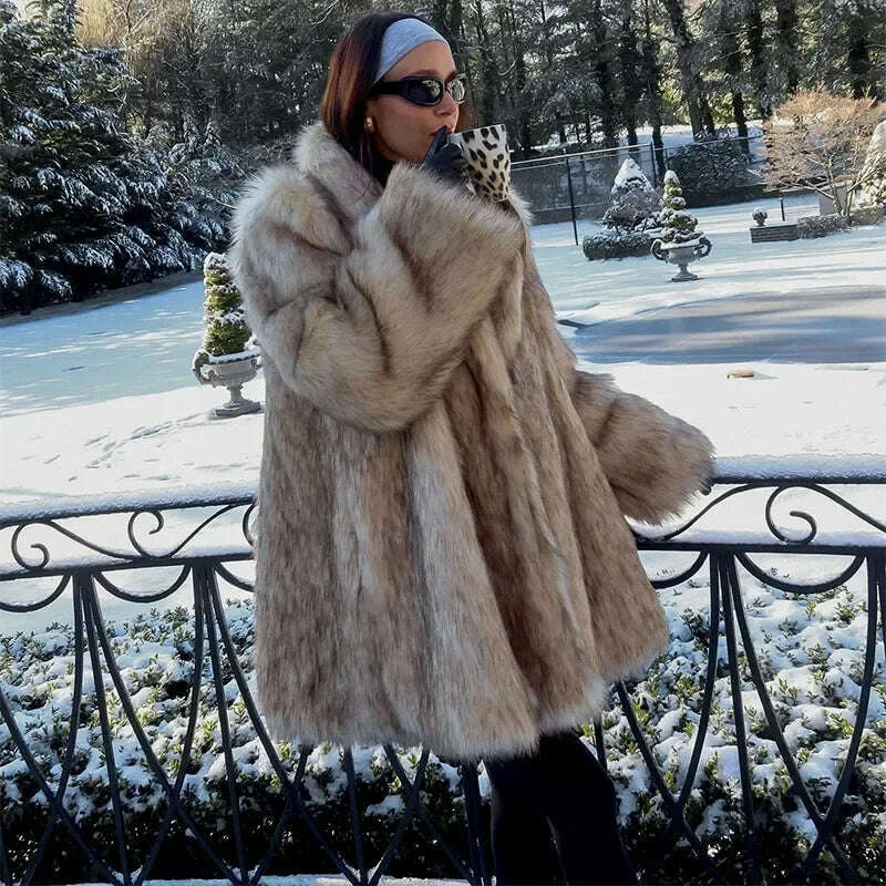 KIMLUD, Luxurious Fashion Lapel Faux Fur Midi Coat Women Street Long Sleeve Oversize Cardigan Jacket Winter Thick Warm Female Outerwear, KIMLUD Womens Clothes
