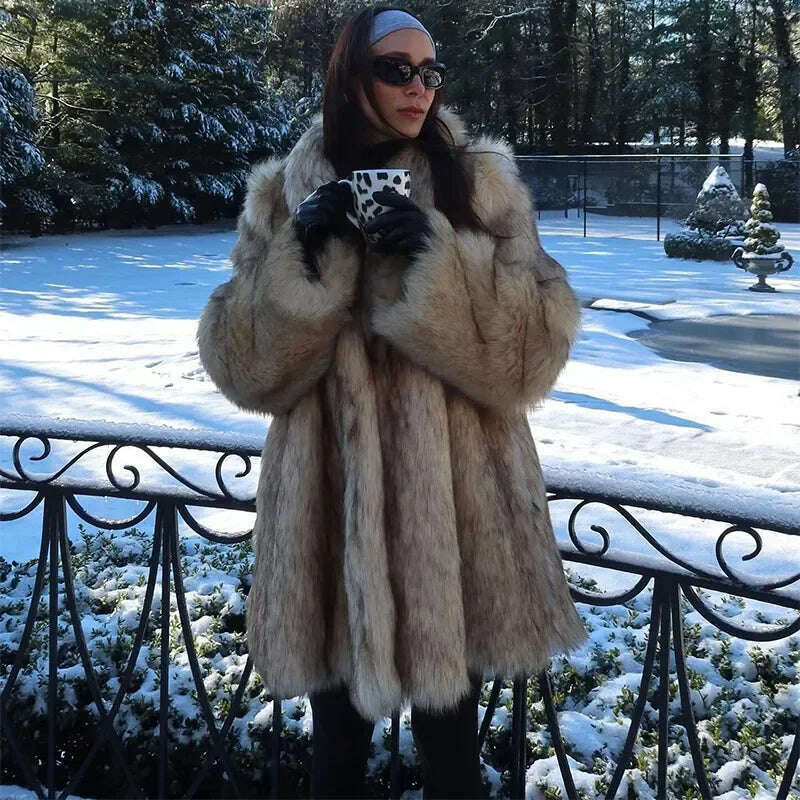 KIMLUD, Luxurious Fashion Lapel Faux Fur Midi Coat Women Street Long Sleeve Oversize Cardigan Jacket Winter Thick Warm Female Outerwear, KIMLUD Womens Clothes