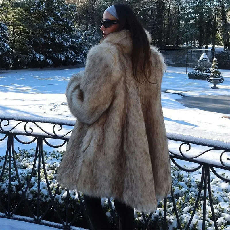 KIMLUD, Luxurious Fashion Lapel Faux Fur Midi Coat Women Street Long Sleeve Oversize Cardigan Jacket Winter Thick Warm Female Outerwear, KIMLUD Womens Clothes