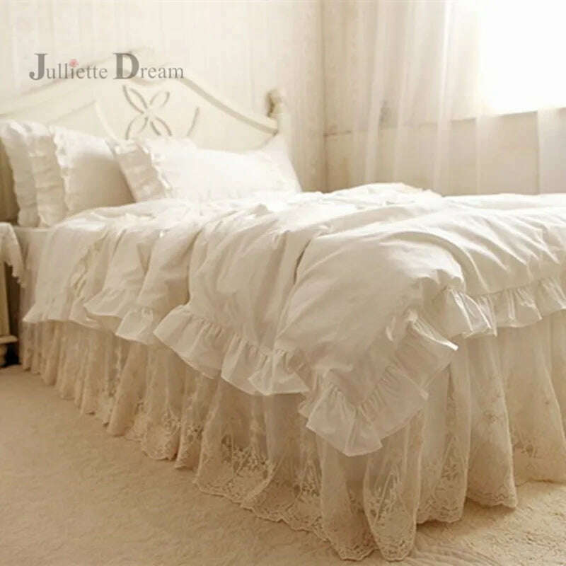 Luxury Bedding set ruffle Duvet cover set Embroidery lace yarn bed cover set bedspread Double layers bed sheet Queen bedding set - KIMLUD