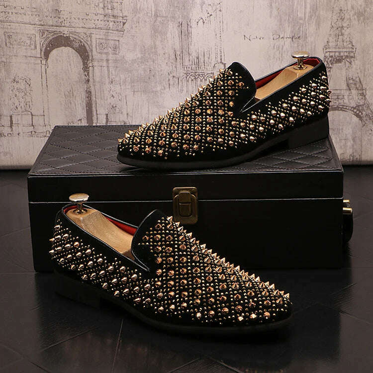Luxury Brand Men's Fashion Rivets Shoes Black Punk Flats Loafers Men Handmade Spiked Man Party Wedding Shoes Soft Moccasins - KIMLUD