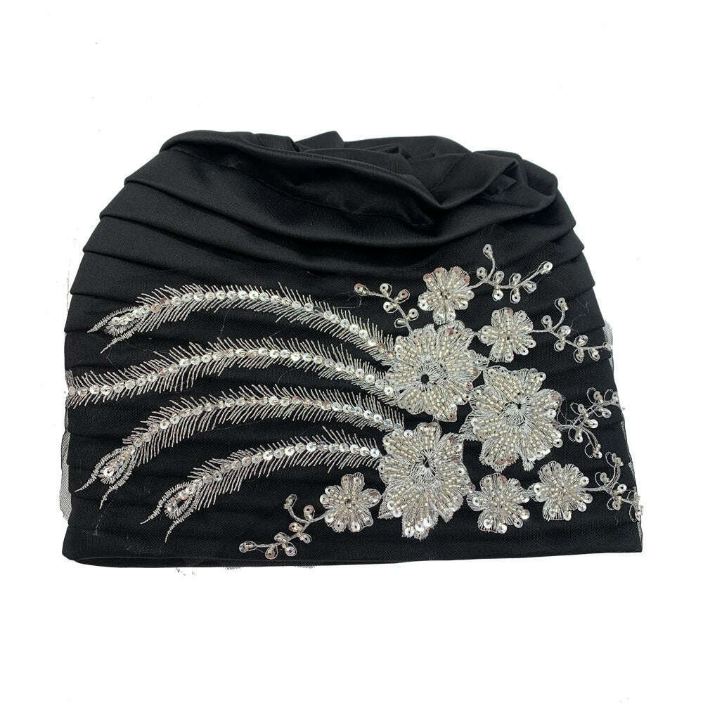 Luxury Embroidery Beading Pleated Turban Cap for Women African Female Wrap Head Bonnet Muslim Turban Hat Lady Head Wraps - KIMLUD