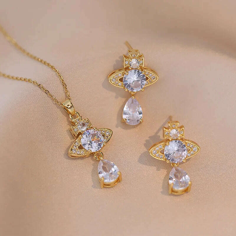 Luxury Pink Zircon Big Flower Stud Earrings and Pendants Stainless Steel Chains Necklaces For Women Bridal Birthday Jewelry Sets - KIMLUD