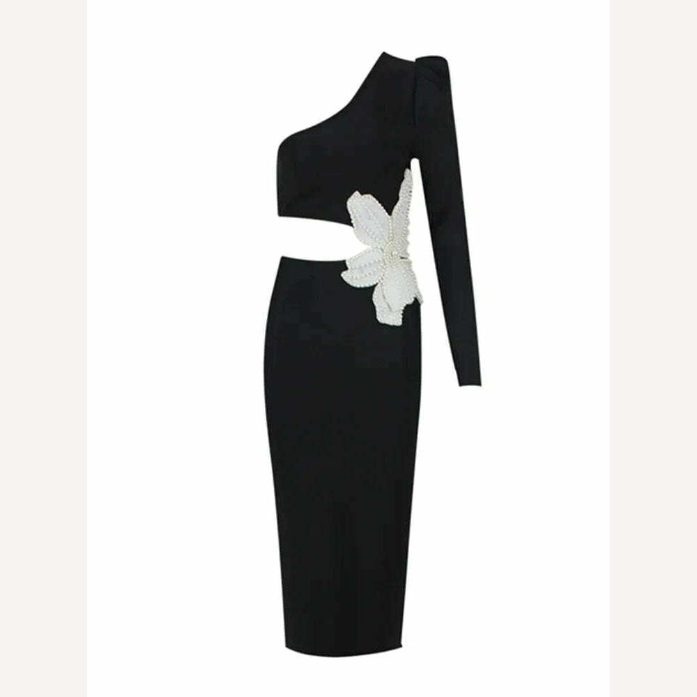 Luxury Women Celebrity Sexy Single Sleeve Flower Beading Black Midi Bodycon Bandage Dress 2023 Elegant Evening Club Party Dress - KIMLUD