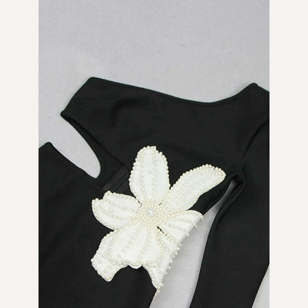 Luxury Women Celebrity Sexy Single Sleeve Flower Beading Black Midi Bodycon Bandage Dress 2023 Elegant Evening Club Party Dress - KIMLUD