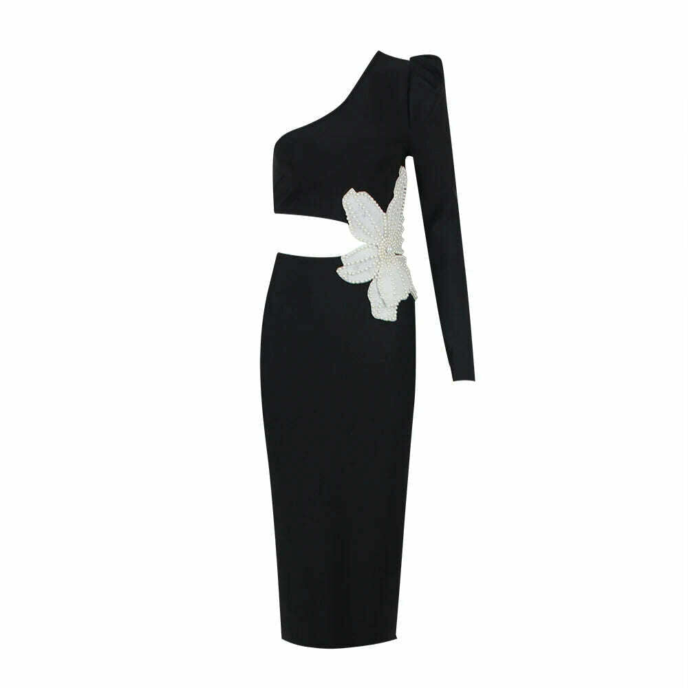 Luxury Women Celebrity Sexy Single Sleeve Flower Beading Black Midi Bodycon Bandage Dress 2023 Elegant Evening Club Party Dress - KIMLUD