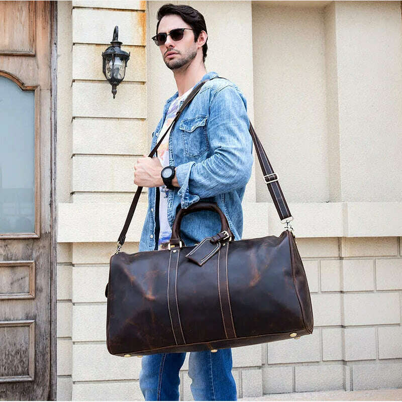 MAHEU Men Genuine Leather Travel Bag Travel Tote Big Weekend Bag Man Cowskin Duffle Bag Hand Luggage Male Handbags Large 60cm - KIMLUD