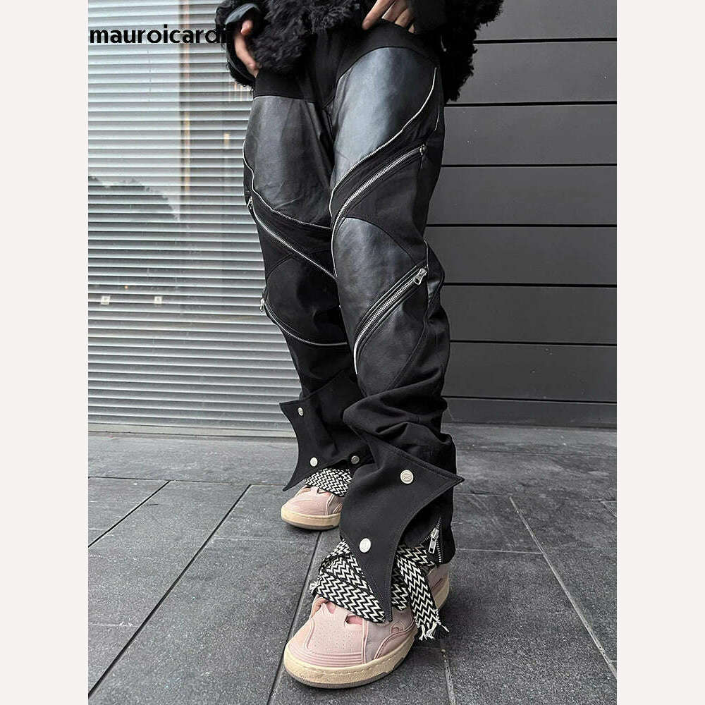 Mauroicardi Spring Autumn Long Black Patchwork Pu Leather Pants Men with Many Zippers Luxury Designer Clothing Trousers Fashions - KIMLUD