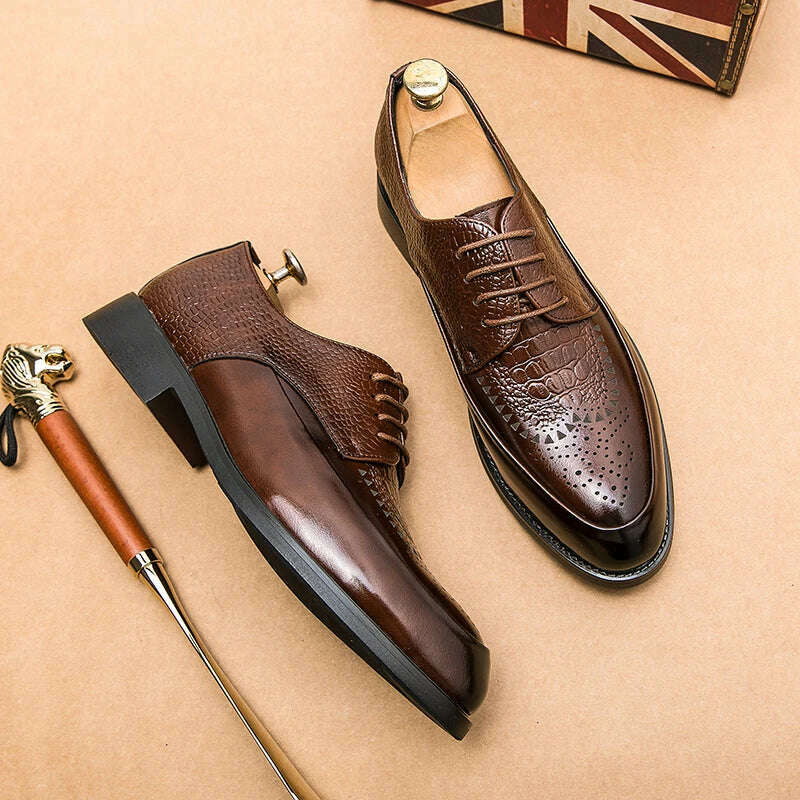 KIMLUD, Men Casual Shoes Brock Oxford Retro Crocodile Leather Men Formal Shoes 2024 Spring Men's Shoes For Men Office Social Derby Shoes, Brown / 39, KIMLUD APPAREL - Womens Clothes