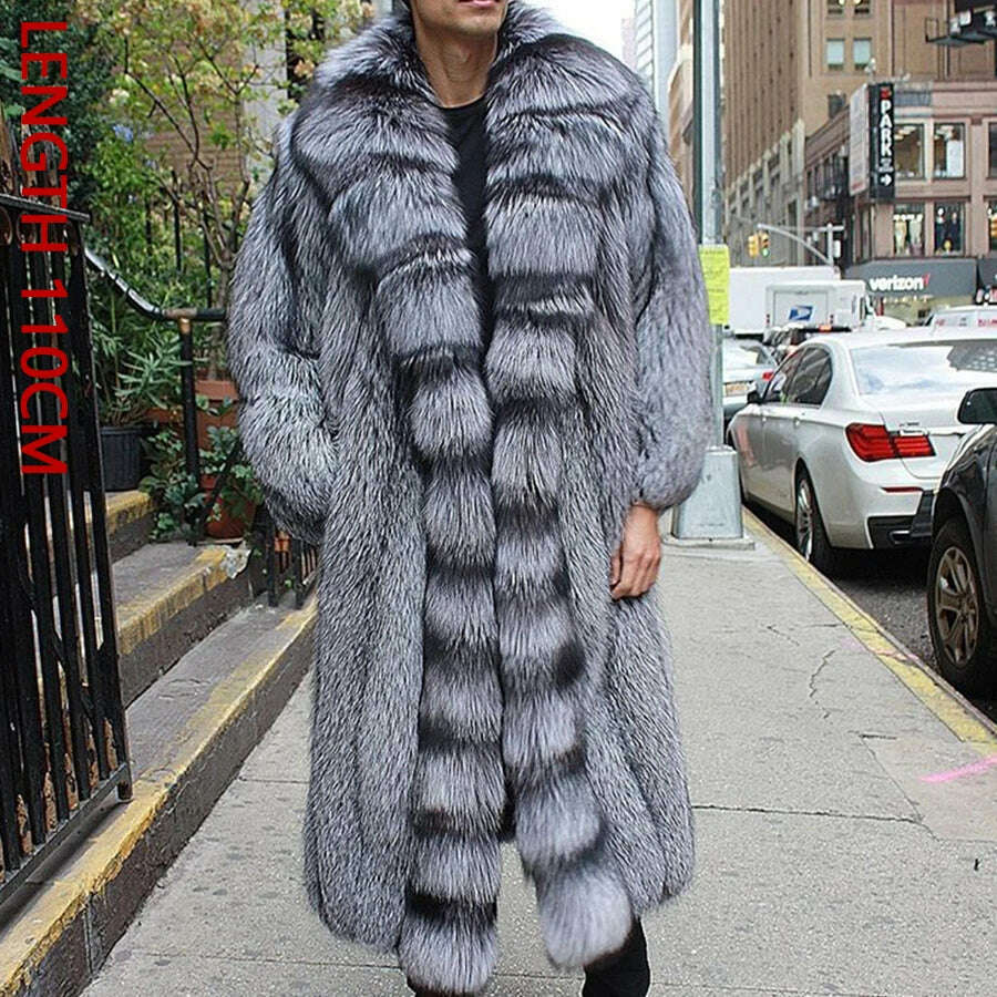 Men's Natural Fox Fur Coat Real Silver Fox Fur Large Collar Best Selling Men's Long Real Fur Coat 2023 - KIMLUD