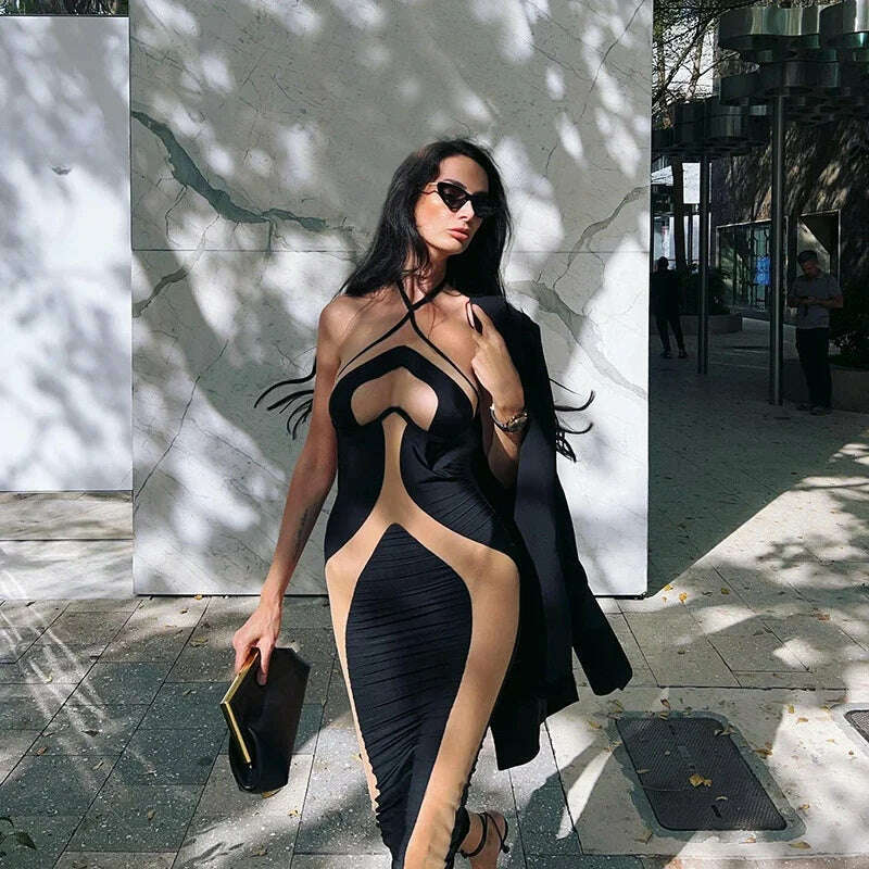 Mesh Patchwork Halter Neck Dresses for Women Sexy Lace-up Backless See-through Evening Dress Sleeveless Backless Long Party Robe - KIMLUD
