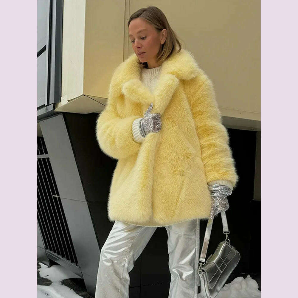 KIMLUD, Mid-Length Women's Fur Coat Suit Collar Loose Imitation Fox Fur Plush Coats Warm Soft Thickened Winter Socialite Fur Overcoat, KIMLUD Womens Clothes