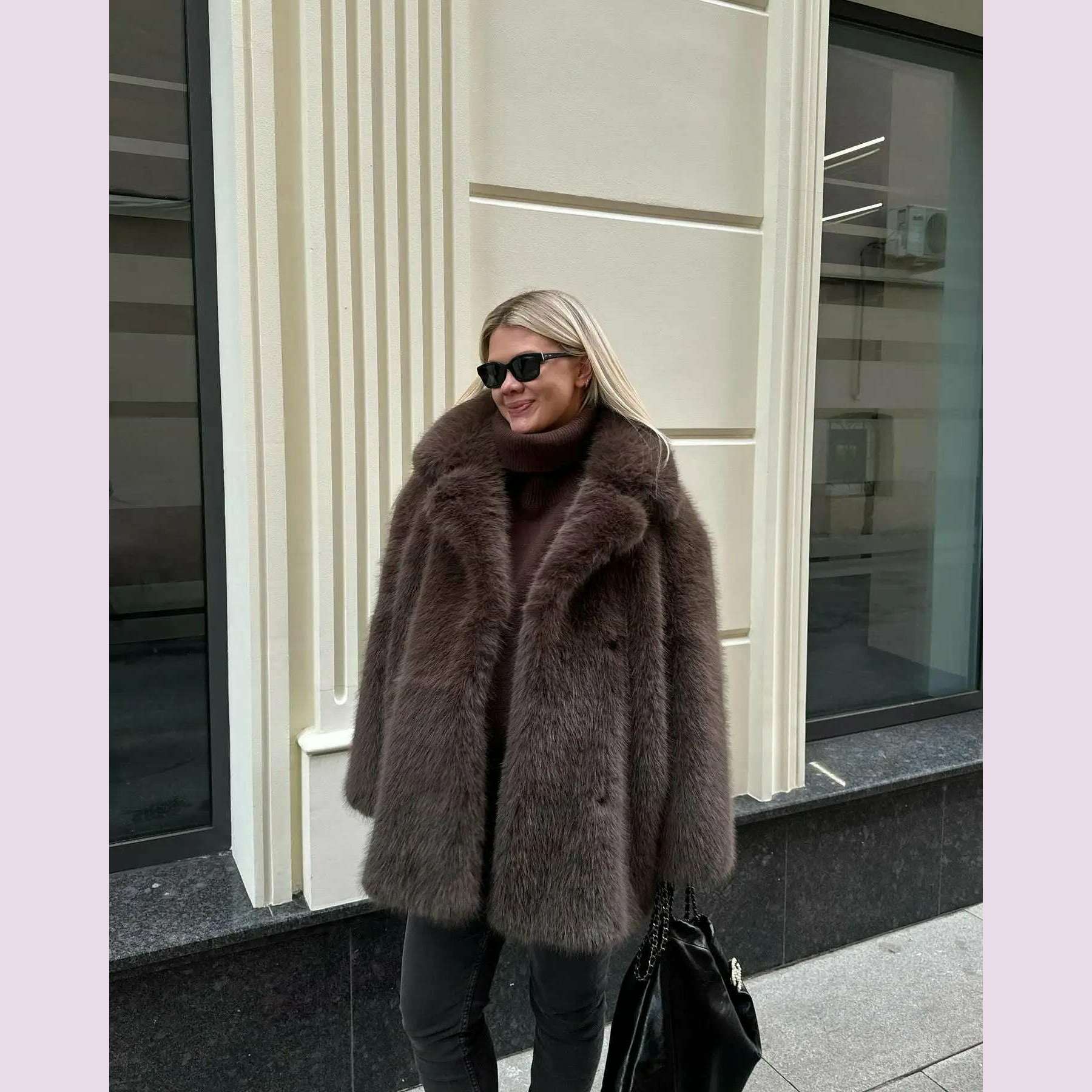 KIMLUD, Mid-Length Women's Fur Coat Suit Collar Loose Imitation Fox Fur Plush Coats Warm Soft Thickened Winter Socialite Fur Overcoat, Brown / S, KIMLUD APPAREL - Womens Clothes