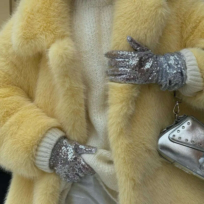 KIMLUD, Mid-Length Women's Fur Coat Suit Collar Loose Imitation Fox Fur Plush Coats Warm Soft Thickened Winter Socialite Fur Overcoat, Yellow / M, KIMLUD APPAREL - Womens Clothes