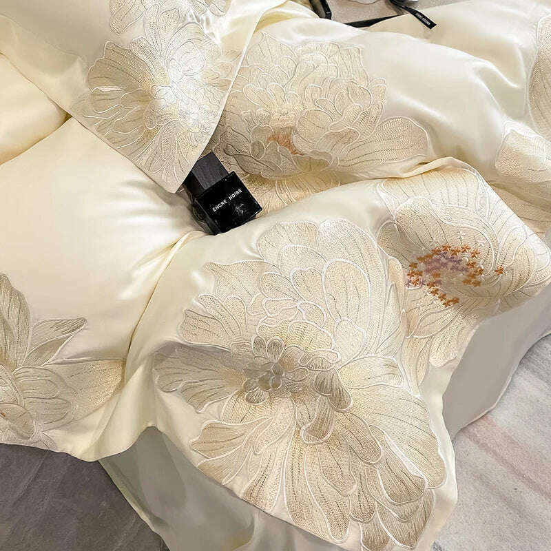 Milkshake White 600TC Egyptian Cotton Flowers Embroidery Bedding Set 100% Cotton Duvet Cover Set Bed Sheet Pillowcase Queen King - KIMLUD