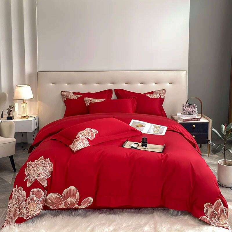 Milkshake White 600TC Egyptian Cotton Flowers Embroidery Bedding Set 100% Cotton Duvet Cover Set Bed Sheet Pillowcase Queen King - KIMLUD