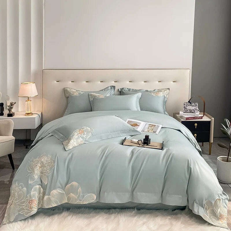 Milkshake White 600TC Egyptian Cotton Flowers Embroidery Bedding Set 100% Cotton Duvet Cover Set Bed Sheet Pillowcase Queen King - KIMLUD