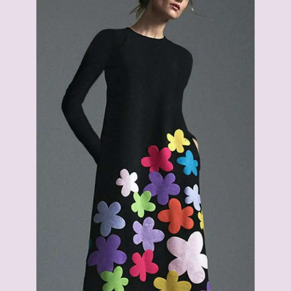 KIMLUD, Missuoo 2023 Spring New Women's Floral Printed Dress Round Neck Long Sleeves Loose Fit Casual Party Dresses for Adult Female, KIMLUD Womens Clothes