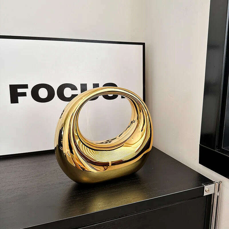 MOODS Golden Evening Handbag For Women PVC Wrist Bag Dinner Party Wedding Round Handle Clutch Purse 2024 Luxury Designer Handbag - KIMLUD