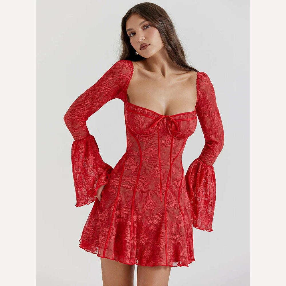 Mozision Elegant Backless Long Flare Sleeve Print Mini Dress Women Fashion square collar A-line Pleated Club Party Sexy Dress - KIMLUD