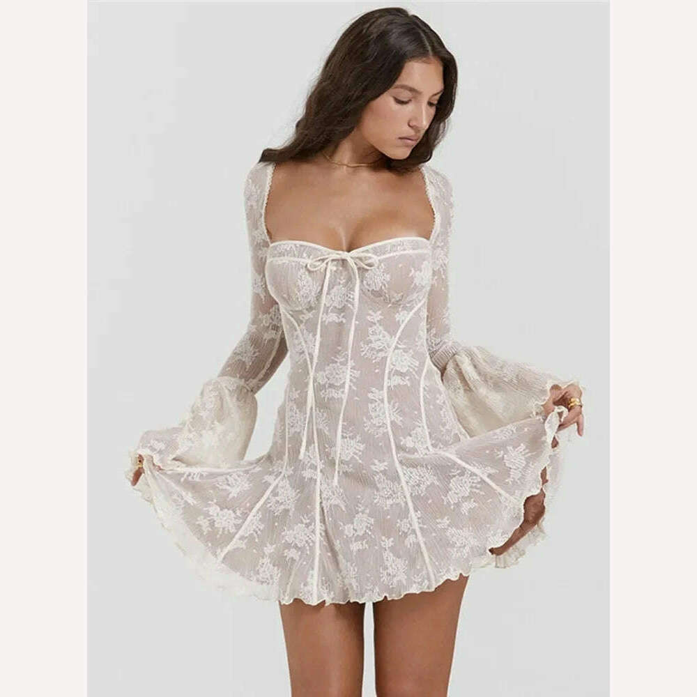 Mozision Elegant Backless Long Flare Sleeve Print Mini Dress Women Fashion square collar A-line Pleated Club Party Sexy Dress - KIMLUD