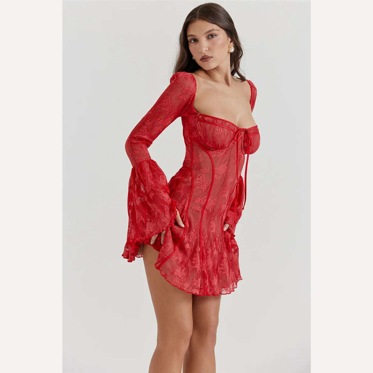 Mozision Elegant Backless Long Flare Sleeve Print Mini Dress Women Fashion square collar A-line Pleated Club Party Sexy Dress - KIMLUD