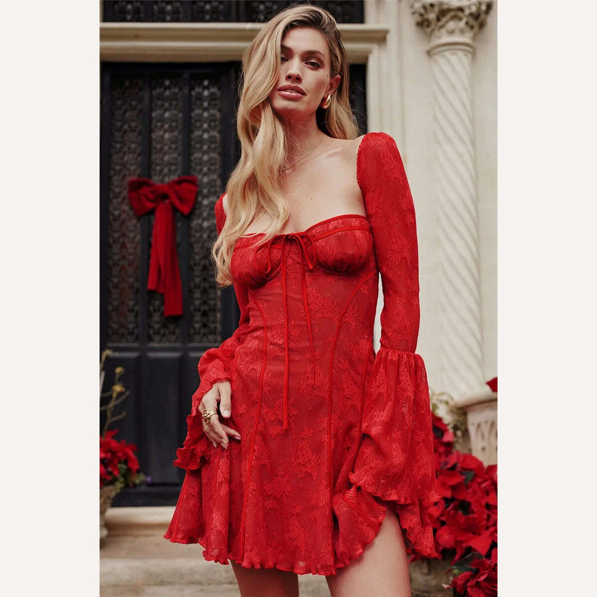 Mozision Elegant Backless Long Flare Sleeve Print Mini Dress Women Fashion square collar A-line Pleated Club Party Sexy Dress - KIMLUD