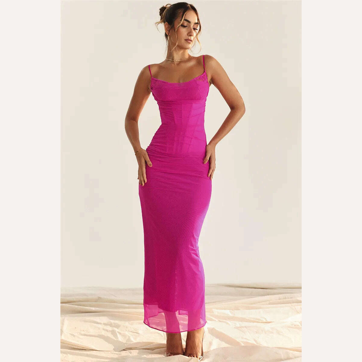 Mozision Elegant Spaghetti Strap Backless Sexy Maxi Dress For Women Fashion Two Layer Mesh Sleeveless Bodycon Club Party Dress - KIMLUD