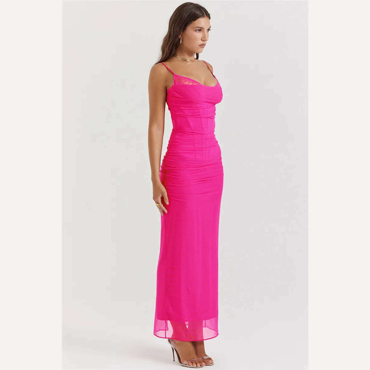 Mozision Elegant Spaghetti Strap Backless Sexy Maxi Dress For Women Fashion Two Layer Mesh Sleeveless Bodycon Club Party Dress - KIMLUD