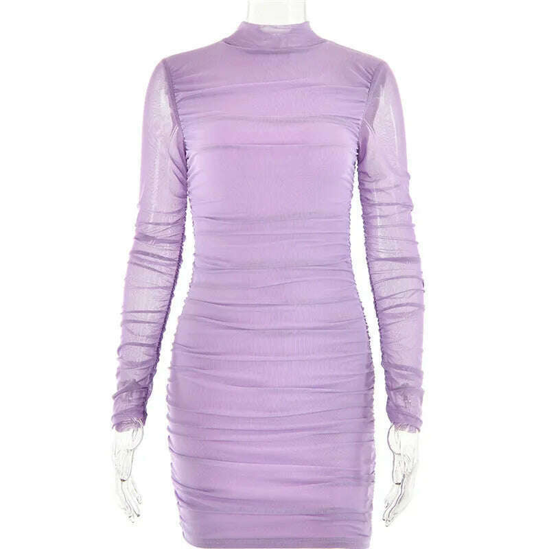 Mozision Turtleneck Long Sleeve Ruched Mini Dress Women 2023 Autumn Winter New Two Layer Mesh Bodycon Sexy Dress Femme Vestidos - KIMLUD