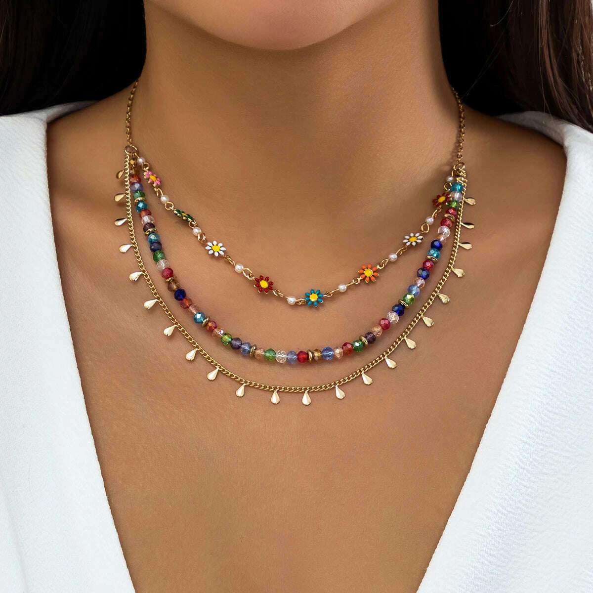 Multilayer Boho Colorful Tiny Flower Tassel Chain Necklace for Women Wed Bridal Korean Fashion Bead Choker Aesthetic Y2K Jewelry - KIMLUD