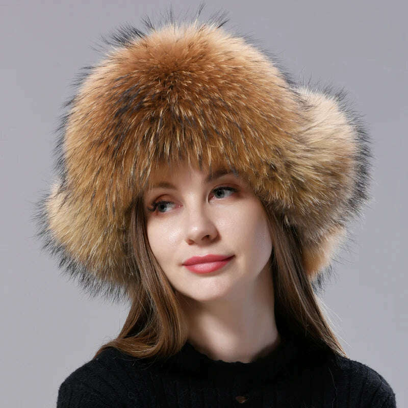 Natural Fox Fur Russian Aviation Hat with Ears Ushanka Women Winter Warm Fluffy Stylish Female Tail Cap Fashion Real Fur Hats - KIMLUD