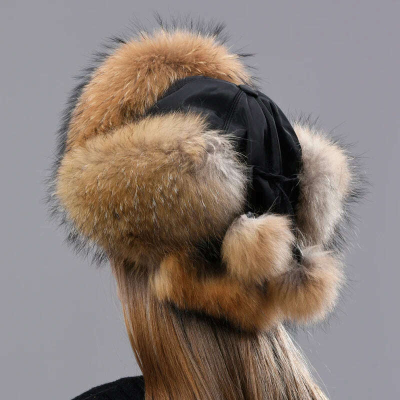 Natural Fox Fur Russian Aviation Hat with Ears Ushanka Women Winter Warm Fluffy Stylish Female Tail Cap Fashion Real Fur Hats - KIMLUD