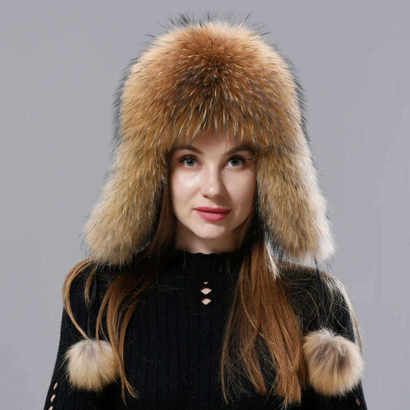 Natural Fox Fur Russian Aviation Hat with Ears Ushanka Women Winter Warm Fluffy Stylish Female Tail Cap Fashion Real Fur Hats - KIMLUD