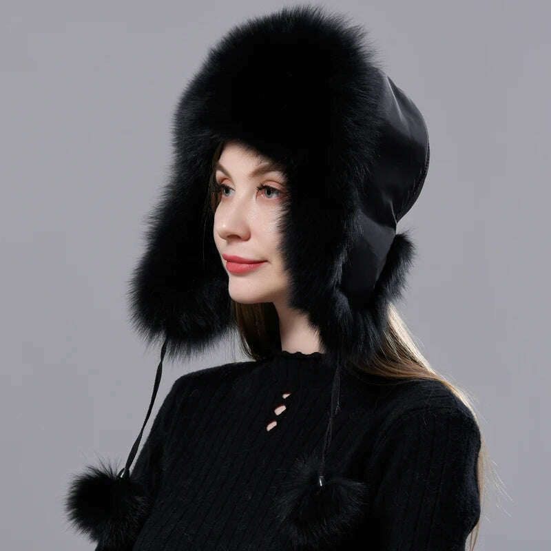 Natural Fox Fur Russian Aviation Hat with Ears Ushanka Women Winter Warm Fluffy Stylish Female Tail Cap Fashion Real Fur Hats - KIMLUD