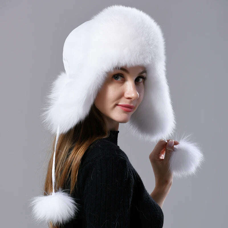 Natural Fox Fur Russian Aviation Hat with Ears Ushanka Women Winter Warm Fluffy Stylish Female Tail Cap Fashion Real Fur Hats - KIMLUD