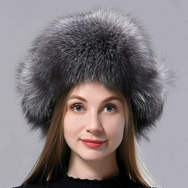 Natural Fox Fur Russian Aviation Hat with Ears Ushanka Women Winter Warm Fluffy Stylish Female Tail Cap Fashion Real Fur Hats - KIMLUD