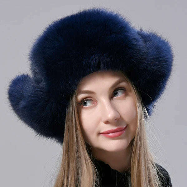 Natural Fox Fur Russian Aviation Hat with Ears Ushanka Women Winter Warm Fluffy Stylish Female Tail Cap Fashion Real Fur Hats - KIMLUD