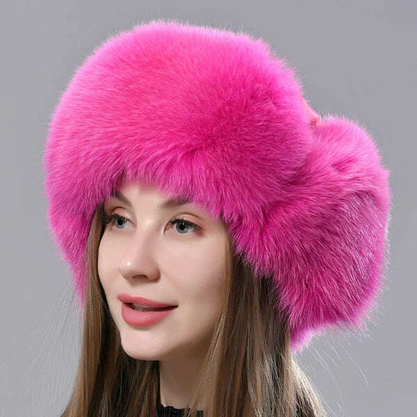 Natural Fox Fur Russian Aviation Hat with Ears Ushanka Women Winter Warm Fluffy Stylish Female Tail Cap Fashion Real Fur Hats - KIMLUD