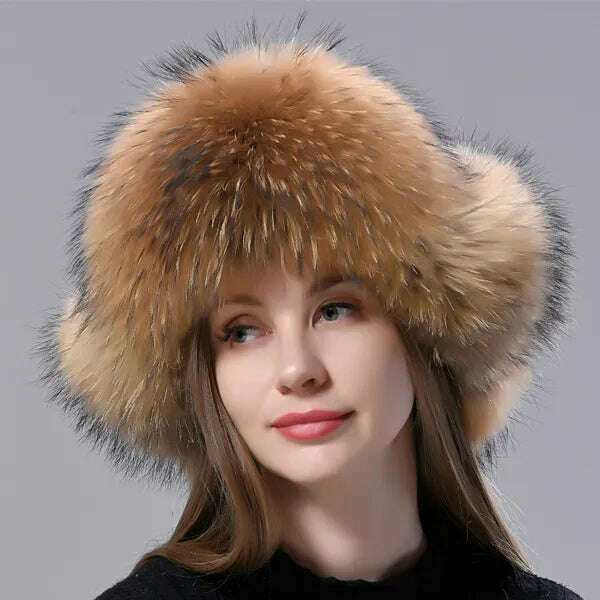Natural Fox Fur Russian Aviation Hat with Ears Ushanka Women Winter Warm Fluffy Stylish Female Tail Cap Fashion Real Fur Hats - KIMLUD
