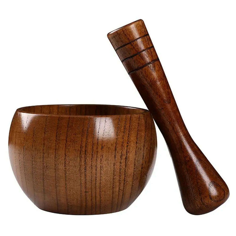Natural Handcrafted Bamboo Bowl Flat-Bottomed Can And Garlic Stick Pounded Garlic Jar Round Pounding Garlic Mortar Wooden Grinde - KIMLUD