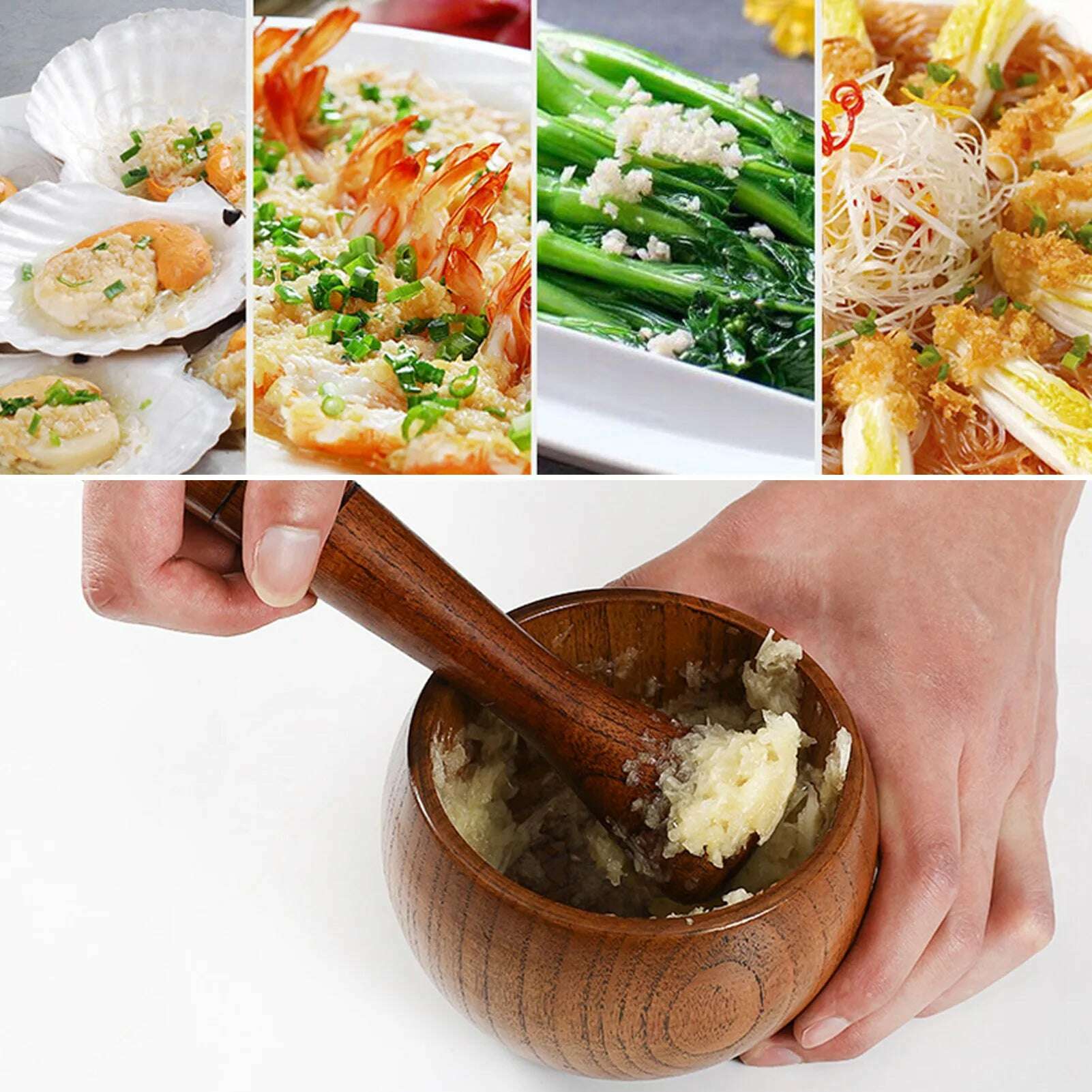 Natural Handcrafted Bamboo Bowl Flat-Bottomed Can And Garlic Stick Pounded Garlic Jar Round Pounding Garlic Mortar Wooden Grinde - KIMLUD