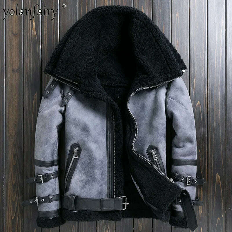 Natural Sheep Fur Coat Men's Winter New Fashion Motorcycle Jacket Double Layered Collar Gray Fur Jackets Zipper Warm Outwears FC - KIMLUD