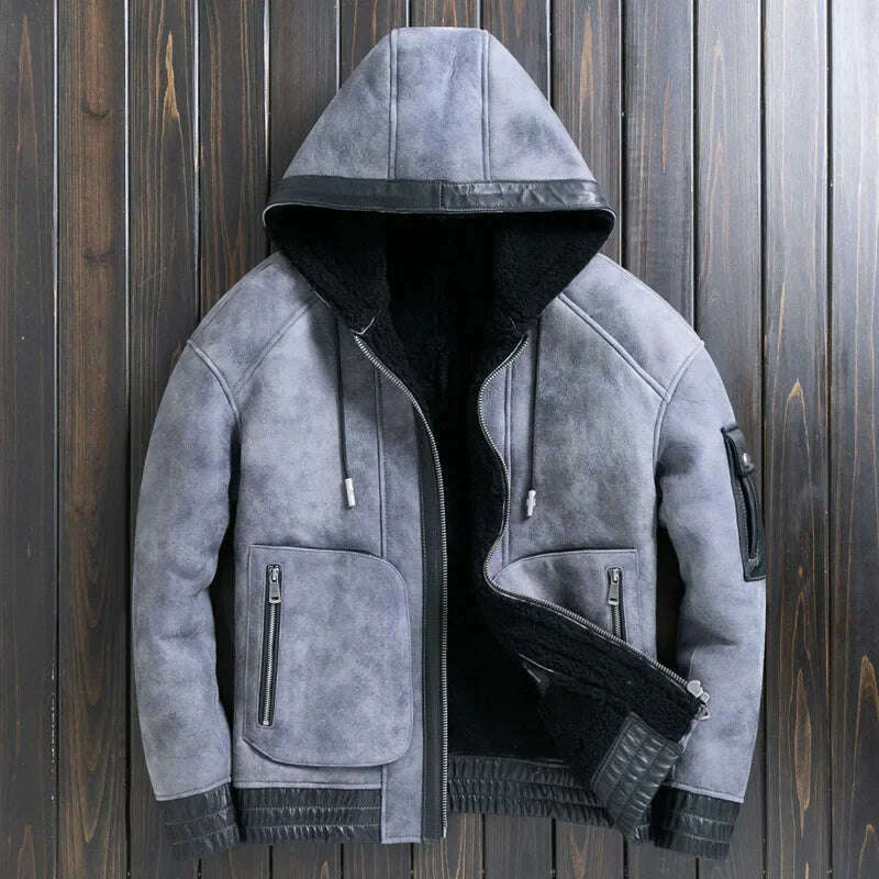 Natural Sheep Fur Coat Men's Winter New Fashion Motorcycle Jacket Double Layered Collar Gray Fur Jackets Zipper Warm Outwears FC - KIMLUD