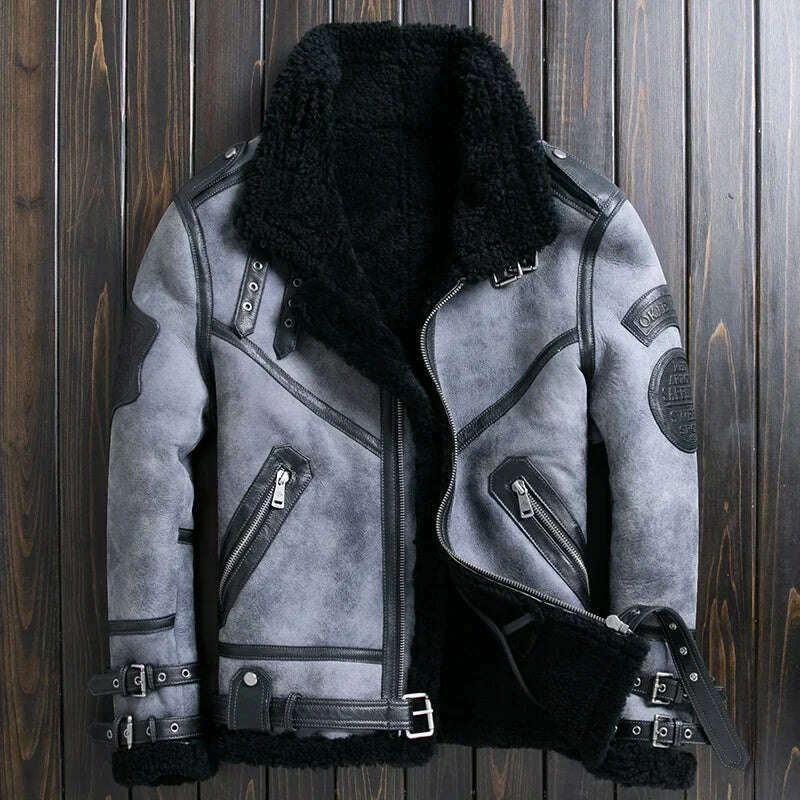 Natural Sheep Fur Coat Men's Winter New Fashion Motorcycle Jacket Double Layered Collar Gray Fur Jackets Zipper Warm Outwears FC - KIMLUD